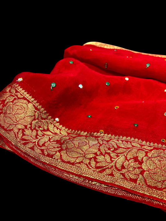 RED CHINON FABRIC BANARASI BORDER MIRROR WORK SAREE WITH CONTRAST BLOUSE