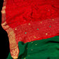 RED CHINON FABRIC BANARASI BORDER MIRROR WORK SAREE WITH CONTRAST BLOUSE