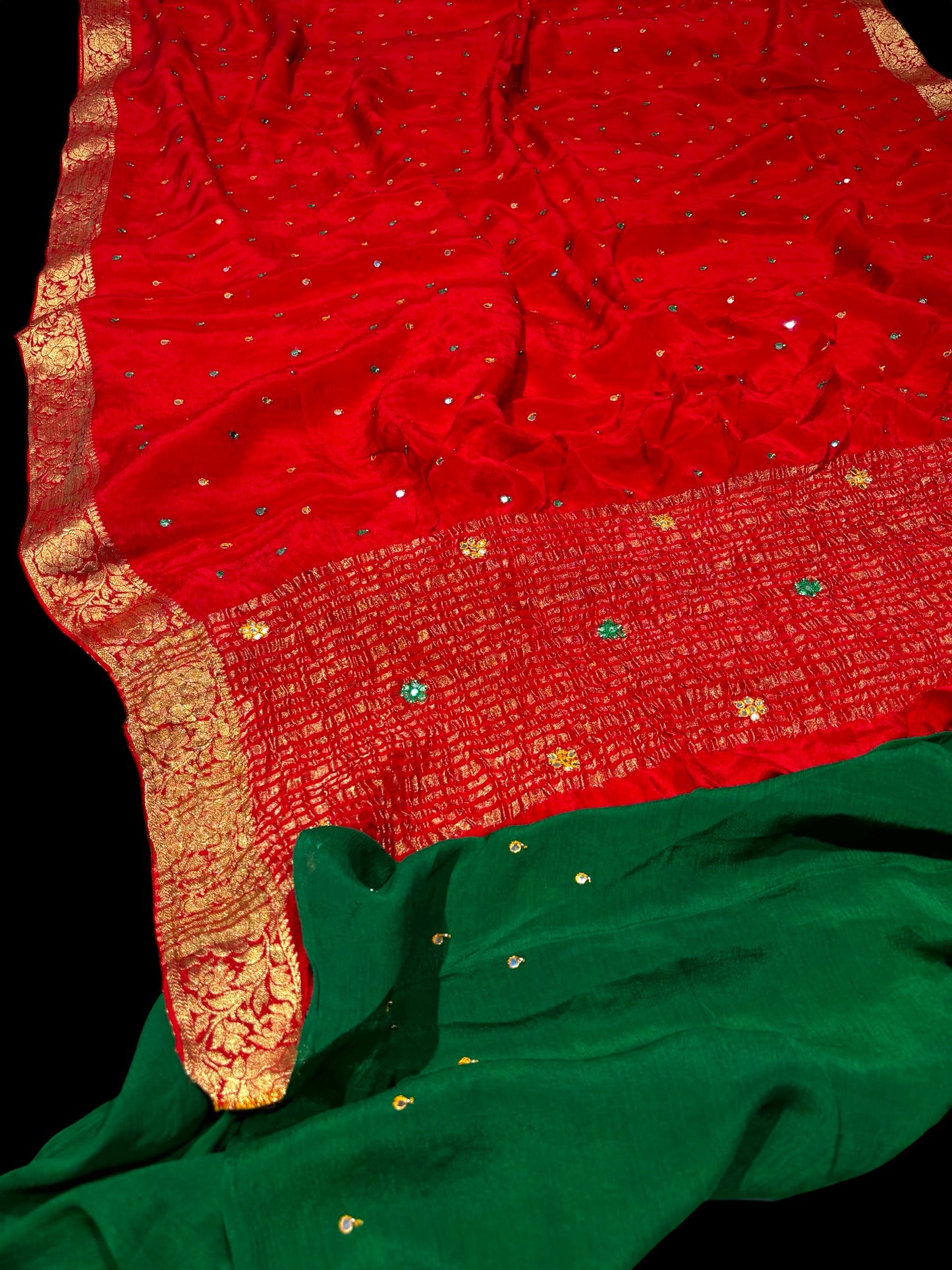 RED CHINON FABRIC BANARASI BORDER MIRROR WORK SAREE WITH CONTRAST BLOUSE