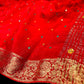 RED CHINON FABRIC BANARASI BORDER MIRROR WORK SAREE WITH CONTRAST BLOUSE