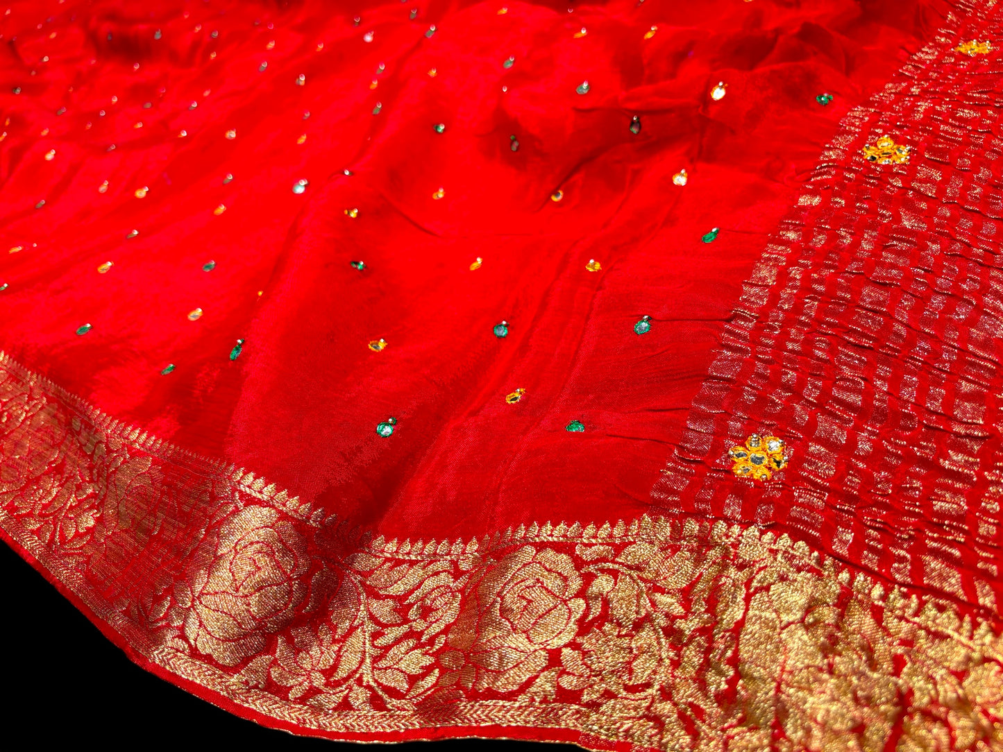 RED CHINON FABRIC BANARASI BORDER MIRROR WORK SAREE WITH CONTRAST BLOUSE