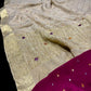 IVORY CHINON FABRIC BANARASI BORDER MIRROR WORK SAREE WITH CONTRAST BLOUSE