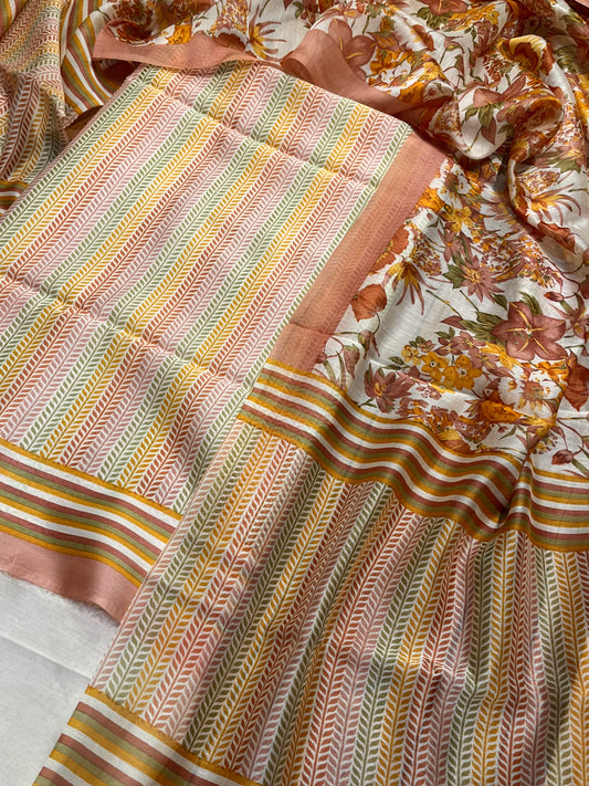 IVORY COLOUR CHANDERI SILK PRINTED UNSTITCHED SUIT ( DELIVERY IN 20-25 DAYS ) - Kothari Sons