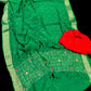 GREEN CHINON FABRIC BANARASI BORDER MIRROR WORK SAREE WITH CONTRAST BLOUSE