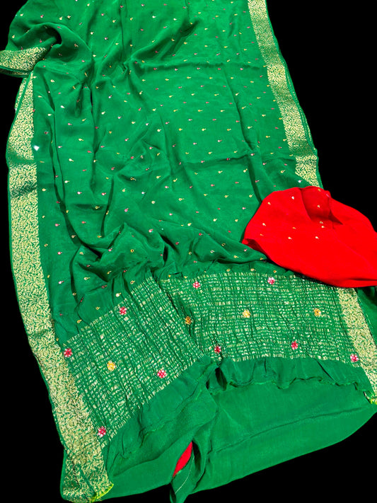GREEN CHINON FABRIC BANARASI BORDER MIRROR WORK SAREE WITH CONTRAST BLOUSE