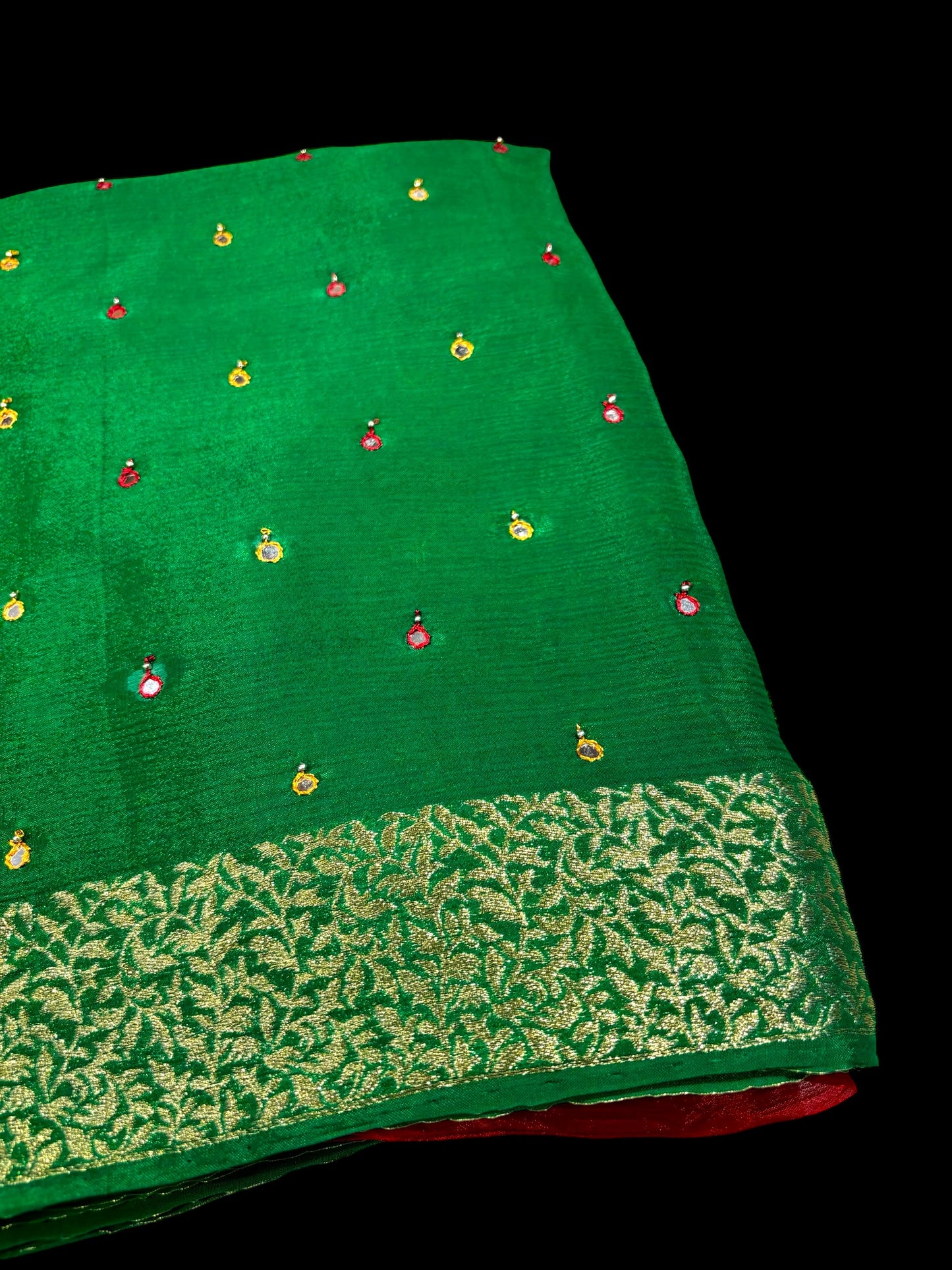GREEN CHINON FABRIC BANARASI BORDER MIRROR WORK SAREE WITH CONTRAST BLOUSE