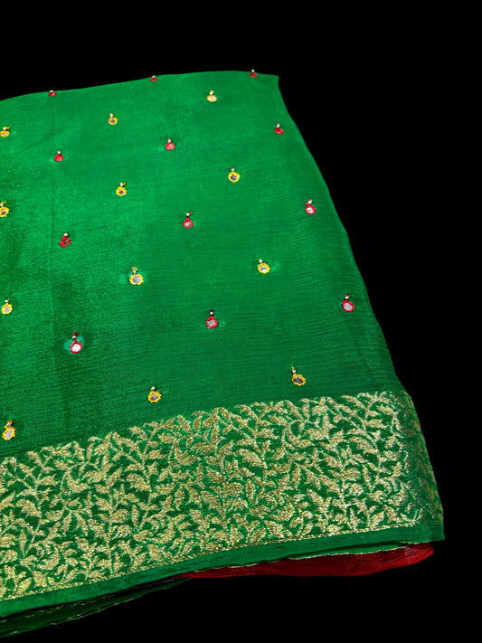 GREEN CHINON FABRIC BANARASI BORDER MIRROR WORK SAREE WITH CONTRAST BLOUSE