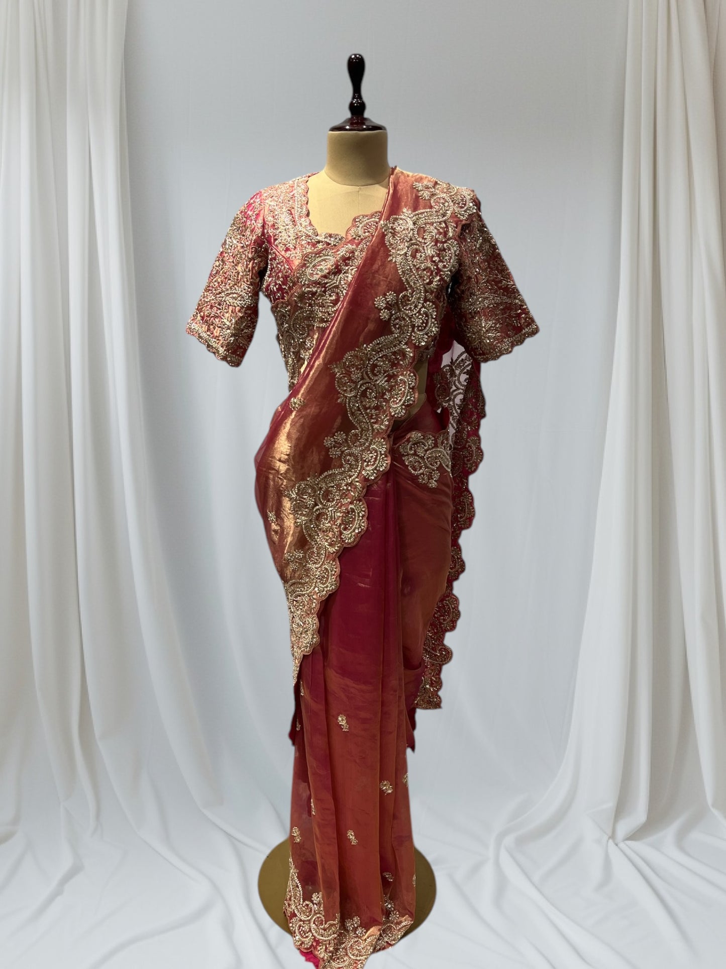 ROSE PINK TISSUE SAREE WITH EXQUISITE ZARDOZI WORK & READY TO WEAR ELEVATE YOUR ELEGANCE