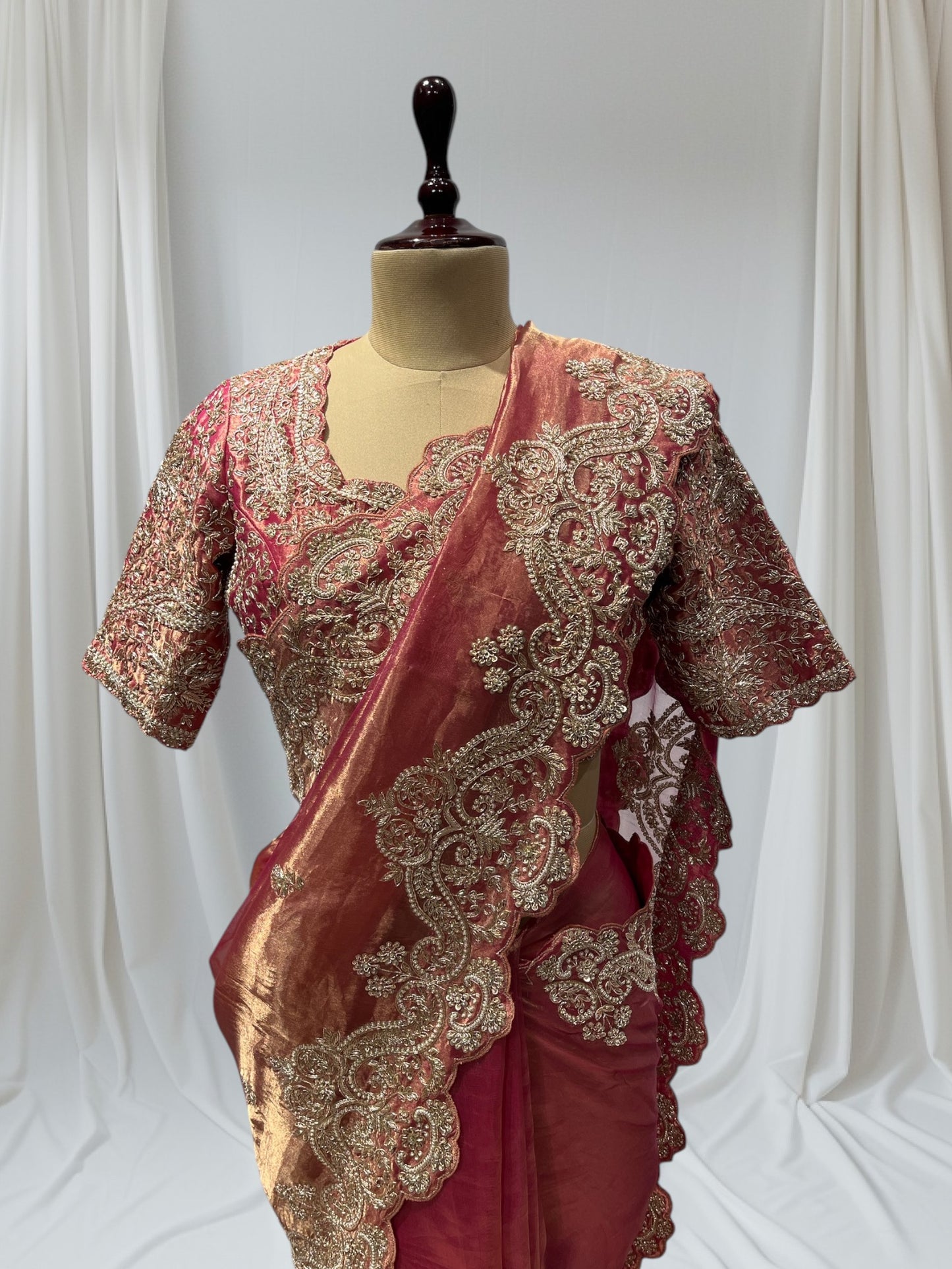 ROSE PINK TISSUE SAREE WITH EXQUISITE ZARDOZI WORK & READY TO WEAR ELEVATE YOUR ELEGANCE