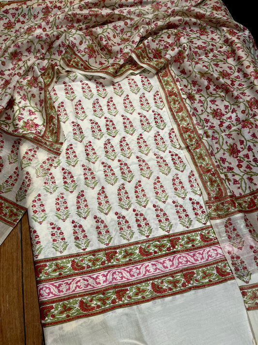 IVORY COLOUR CHANDERI SILK PRINTED UNSTITCHED SUIT ( DELIVERY IN 20-25 DAYS ) - Kothari Sons
