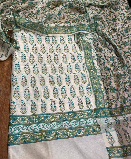 IVORY COLOUR CHANDERI SILK PRINTED UNSTITCHED SUIT ( DELIVERY IN 20-25 DAYS ) - Kothari Sons