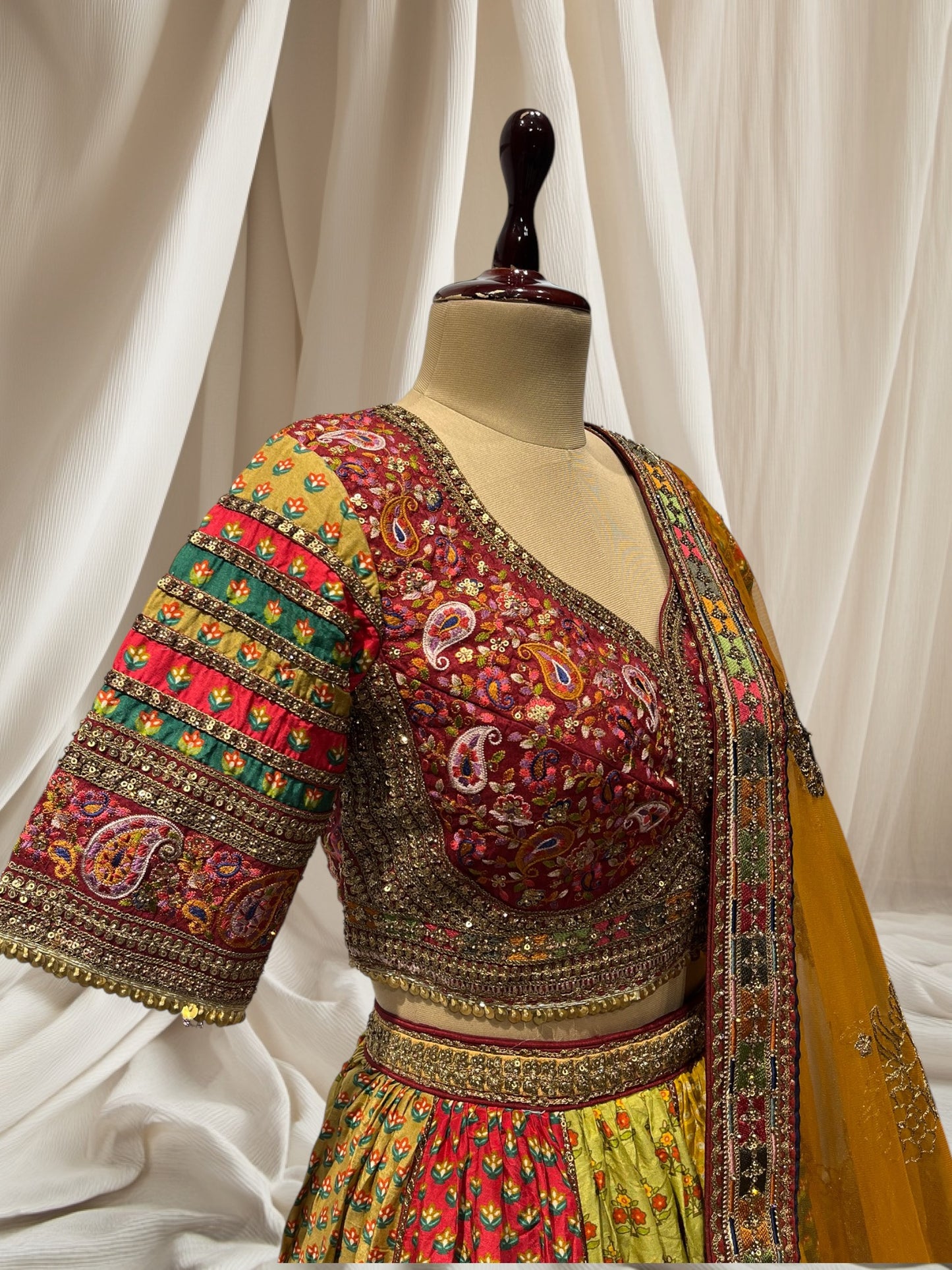 MULTI COLOR  PRINTED, MUSLIN FABRIC, READYMADE BLOUSE AND LEHENGA RESHAM ZARI WORK BORDER AND MUSTARD COLOR DUPATTA  WITH BORDER