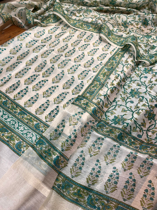 IVORY COLOUR CHANDERI SILK PRINTED UNSTITCHED SUIT ( DELIVERY IN 20-25 DAYS ) - Kothari Sons