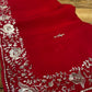 RED CHIFFON PITTA WORK EMBROIDERED SAREW WITH CHINON UNSTITCHED BLOUSE