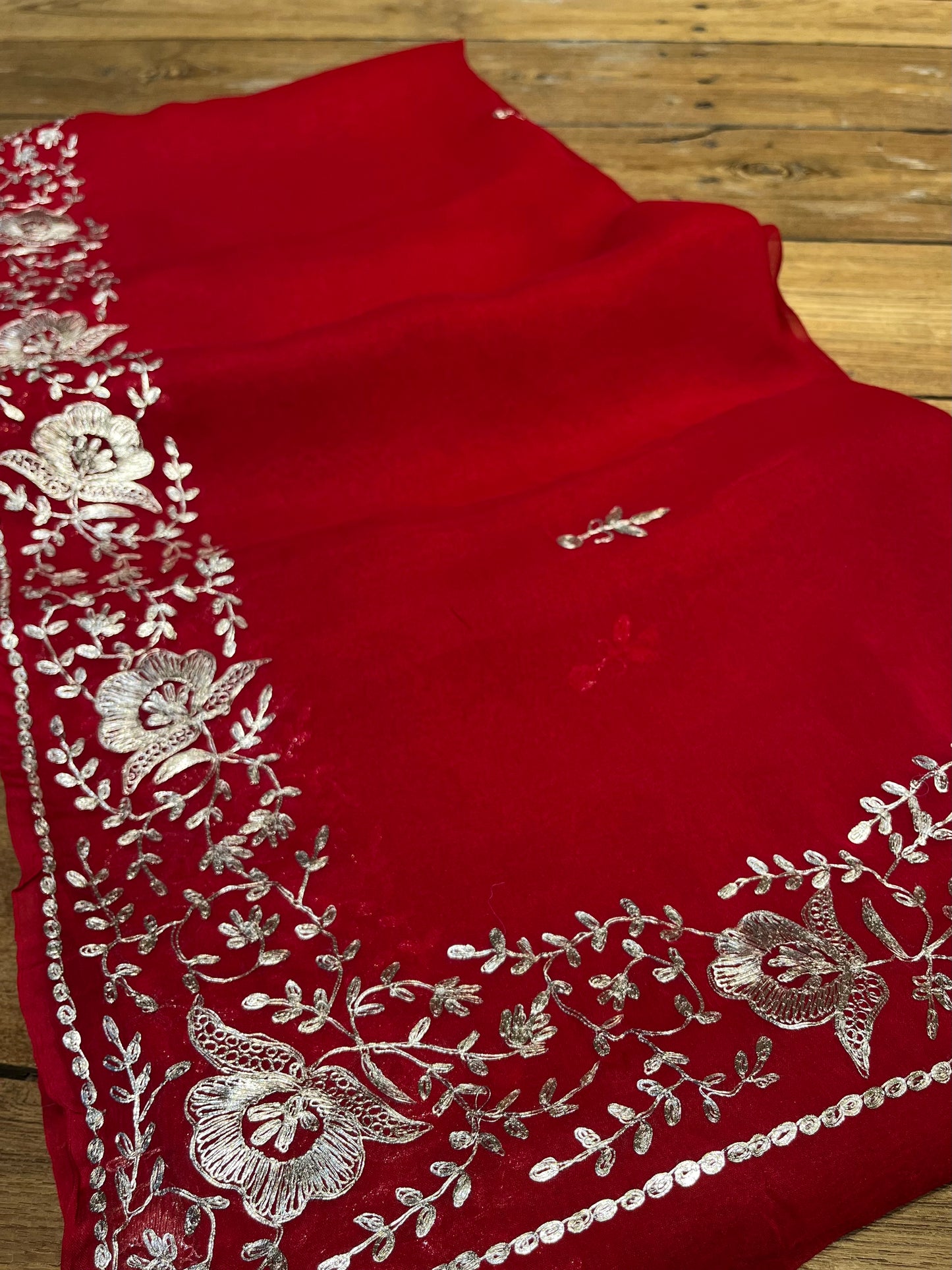 RED CHIFFON PITTA WORK EMBROIDERED SAREW WITH CHINON UNSTITCHED BLOUSE