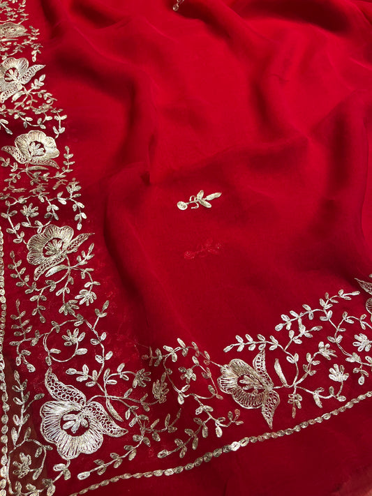 RED CHIFFON PITTA WORK EMBROIDERED SAREW WITH CHINON UNSTITCHED BLOUSE