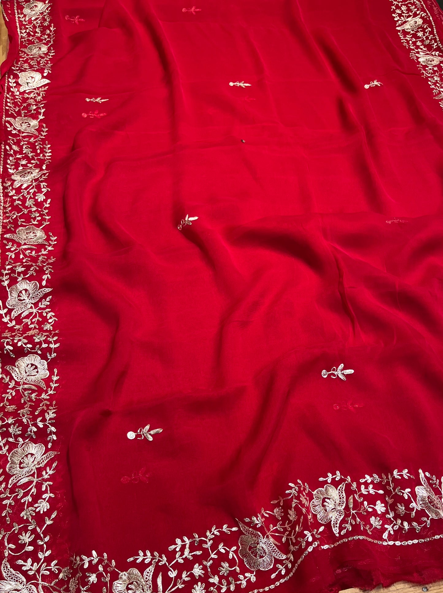 RED CHIFFON PITTA WORK EMBROIDERED SAREW WITH CHINON UNSTITCHED BLOUSE