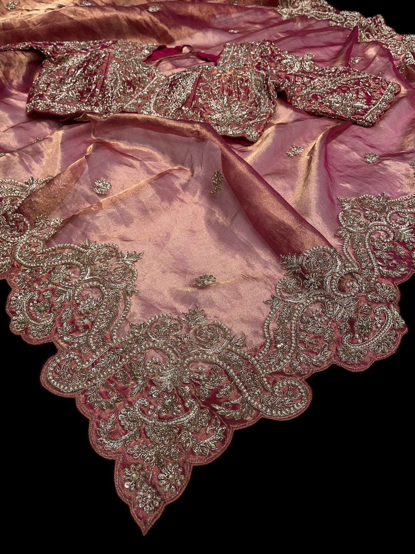 ROSE PINK TISSUE SAREE WITH EXQUISITE ZARDOZI WORK & READY TO WEAR ELEVATE YOUR ELEGANCE