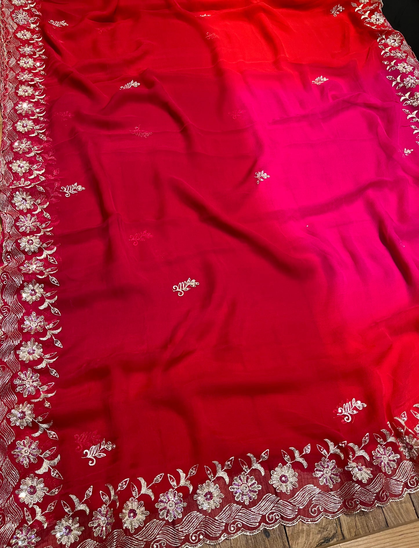 SHADED CHIFFON EMBROIDERED SAREE WITH CHINON BLOUSE EMBELLISHED WITH AARI & SEQUINS WORK