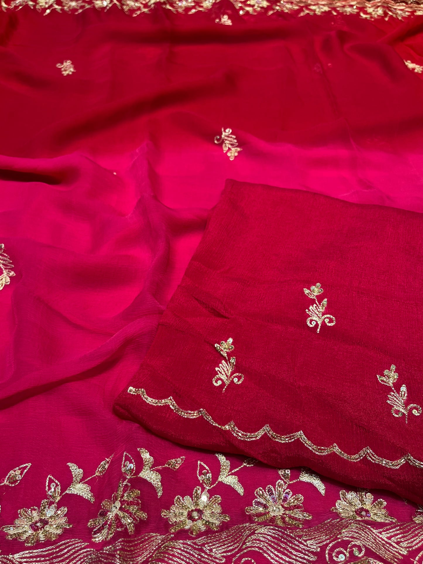 SHADED CHIFFON EMBROIDERED SAREE WITH CHINON BLOUSE EMBELLISHED WITH AARI & SEQUINS WORK
