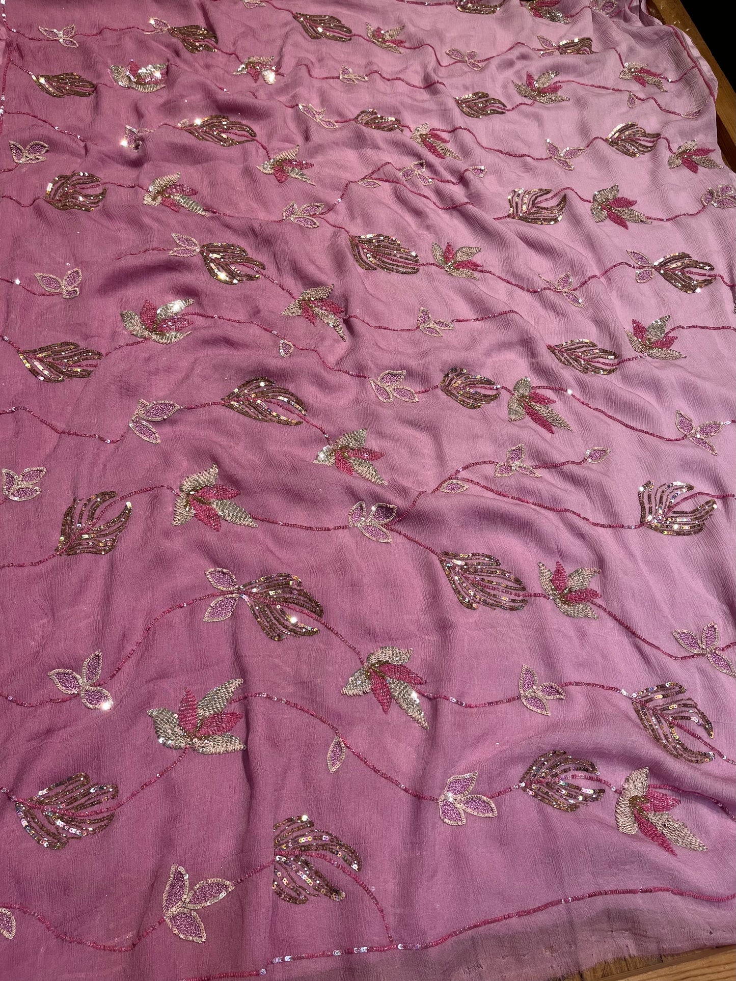 SHADED MAUVE COLOUR PURE PLATINUM CHIFFON HAND EMBROIDERED SAREE WITH CREPE SILK BLOUSE EMBELLISHED WITH SEQUINS WORK