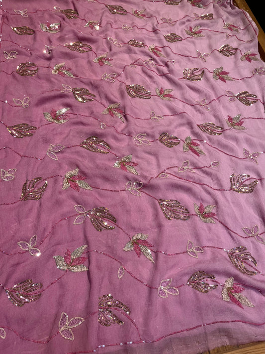 SHADED MAUVE COLOUR PURE PLATINUM CHIFFON HAND EMBROIDERED SAREE WITH CREPE SILK BLOUSE EMBELLISHED WITH SEQUINS WORK - Kothari Sons