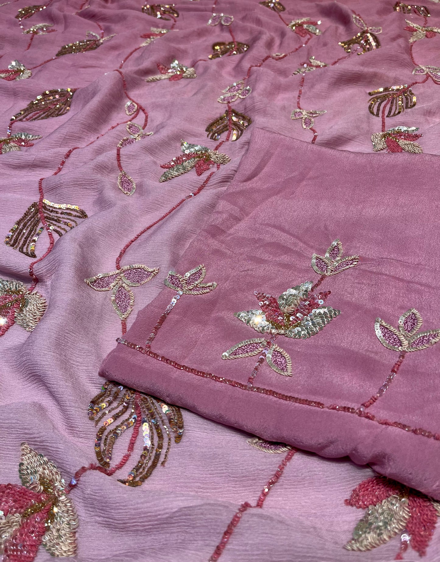 SHADED MAUVE COLOUR PURE PLATINUM CHIFFON HAND EMBROIDERED SAREE WITH CREPE SILK BLOUSE EMBELLISHED WITH SEQUINS WORK