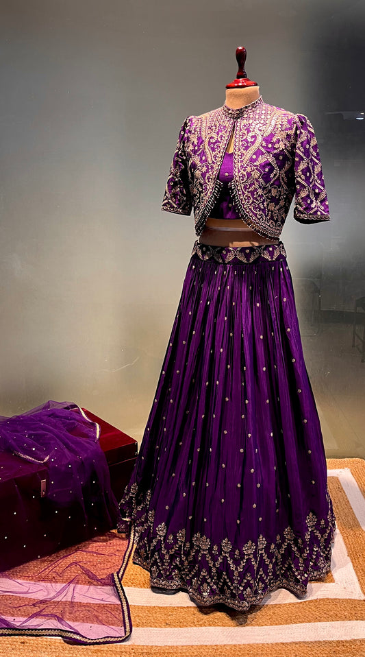 PURPLE COLOUR CHINON HAND EMBROIDERED CROP TOP JACKET WITH SKIRT EMBELLISHED WITH ZARI WORK