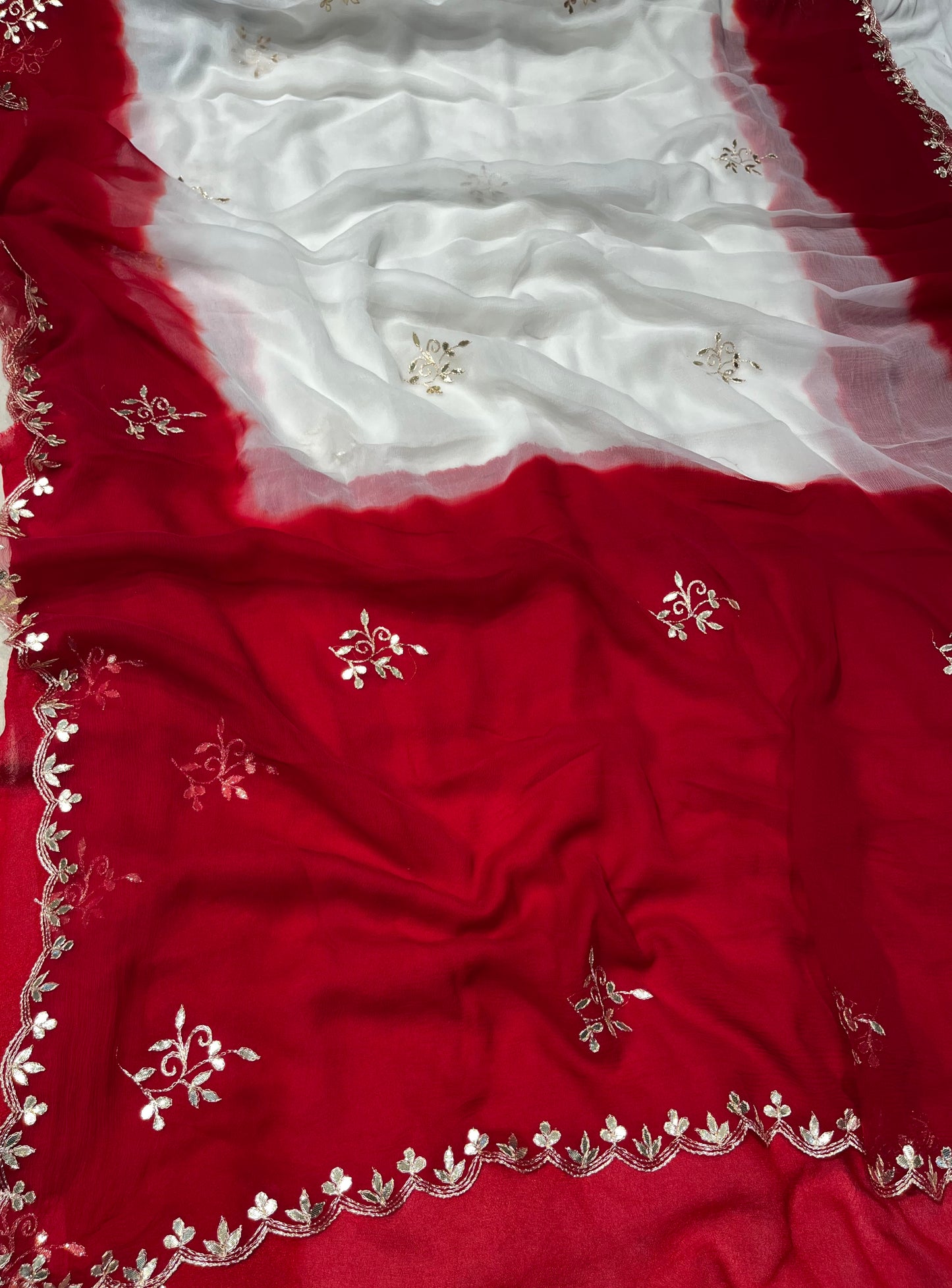 WHITE & RED SHADED CHIFFON GOTA PATTI WORK SAREE ( DELIVERY IN 25 DAYS ) - Kothari Sons