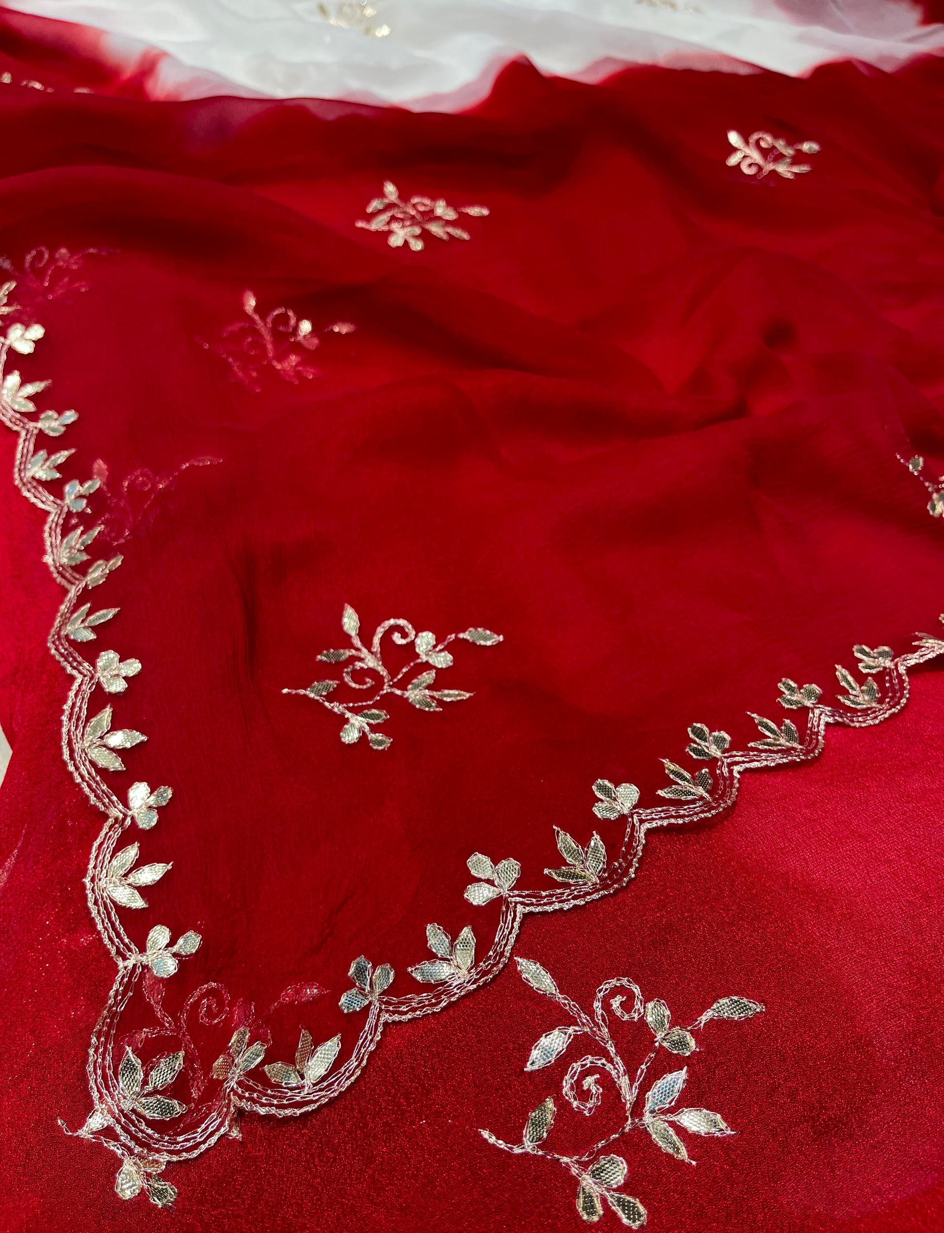 WHITE & RED SHADED CHIFFON GOTA PATTI WORK SAREE ( DELIVERY IN 25 DAYS ) - Kothari Sons