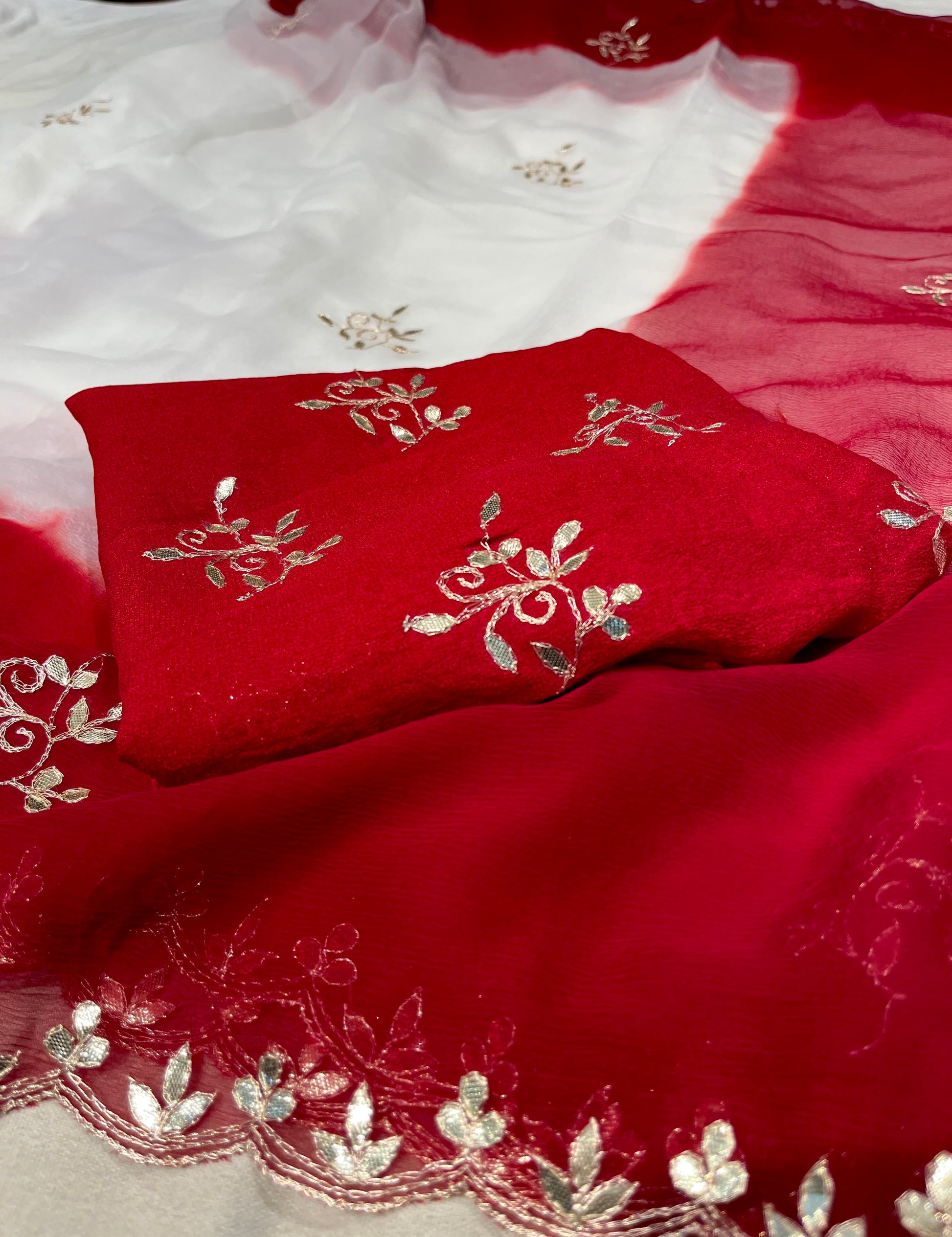 WHITE & RED SHADED CHIFFON GOTA PATTI WORK SAREE ( DELIVERY IN 25 DAYS ) - Kothari Sons
