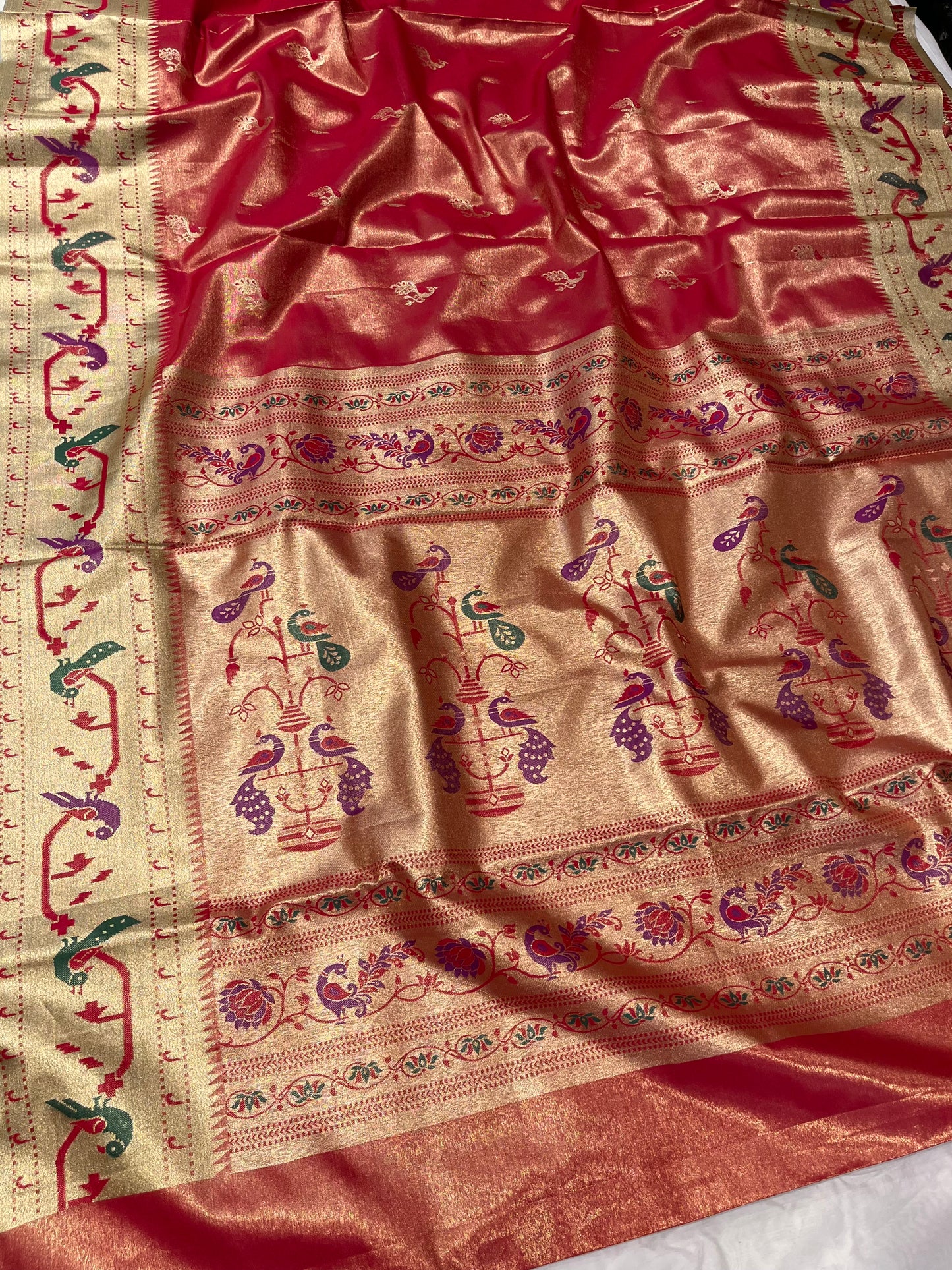 RED COLOUR SILK TISSUE PAITHANI SAREE EMBELLISHED WITH CONTRAST PALLA & BORDER