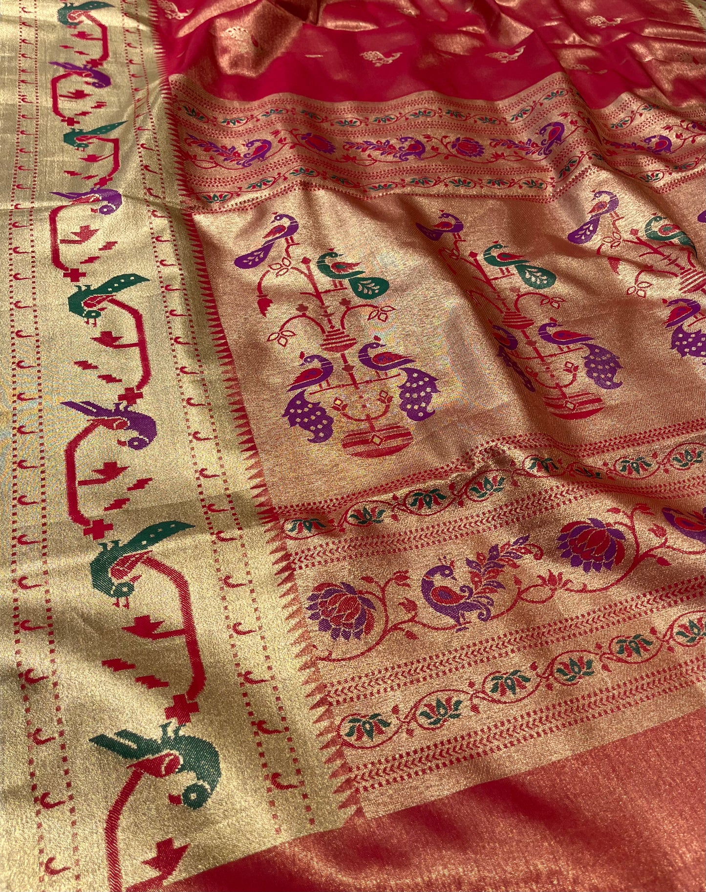 RED COLOUR SILK TISSUE PAITHANI SAREE EMBELLISHED WITH CONTRAST PALLA & BORDER