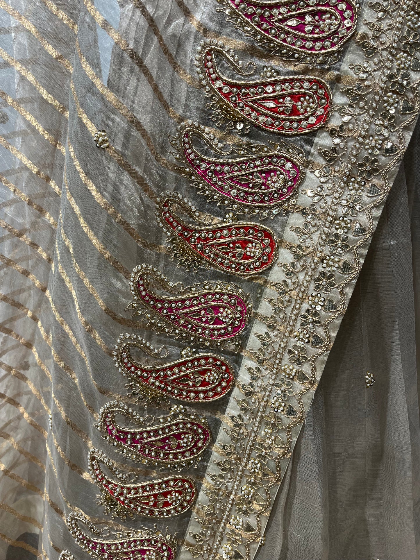 PURE SILVER TISSUE LEHENGA WITH PASCLEY MOTIFS BORDER