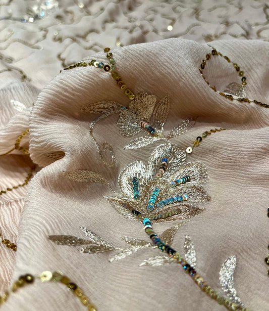 IVORY COLOUR PURE CHIFFON HAND EMBROIDERED SAREE EMBELLISHED WITH ZARI & SEQUINS WORK ( DELIVERY IN 25 DAYS ) - Kothari Sons