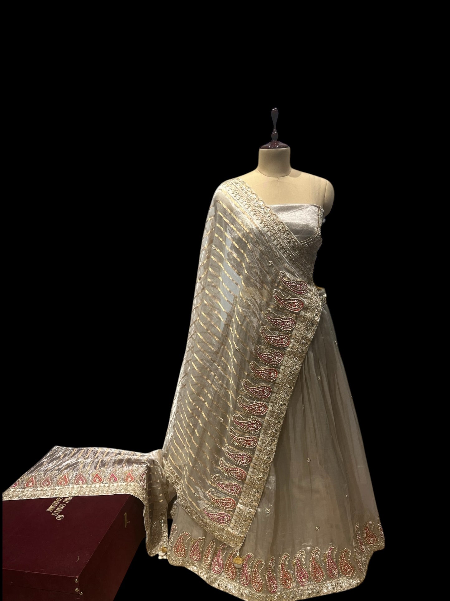 PURE SILVER TISSUE LEHENGA WITH PASCLEY MOTIFS BORDER