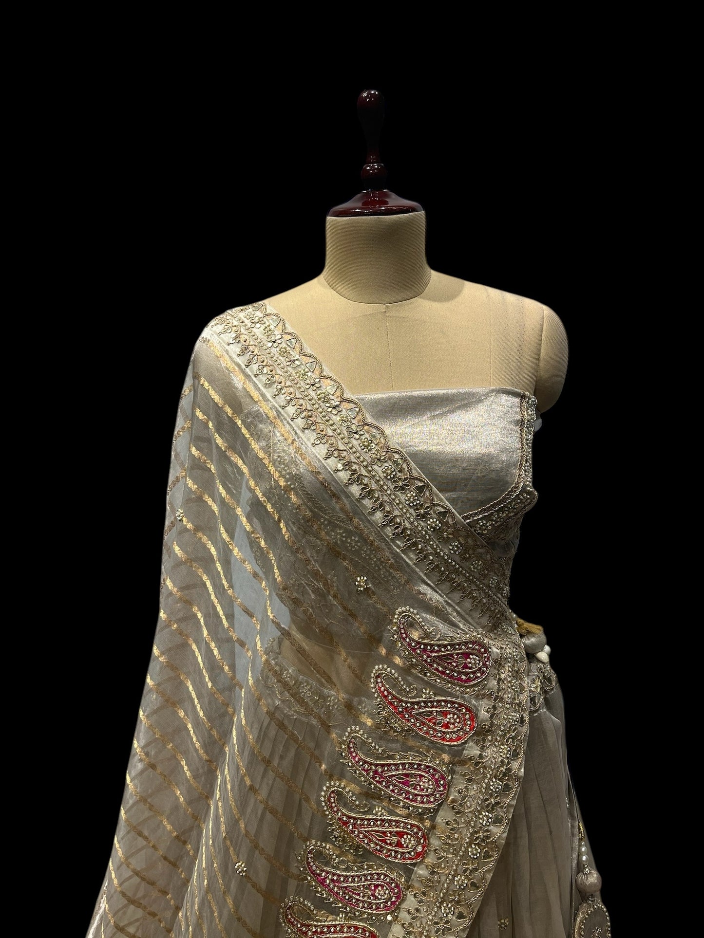 PURE SILVER TISSUE LEHENGA WITH PASCLEY MOTIFS BORDER