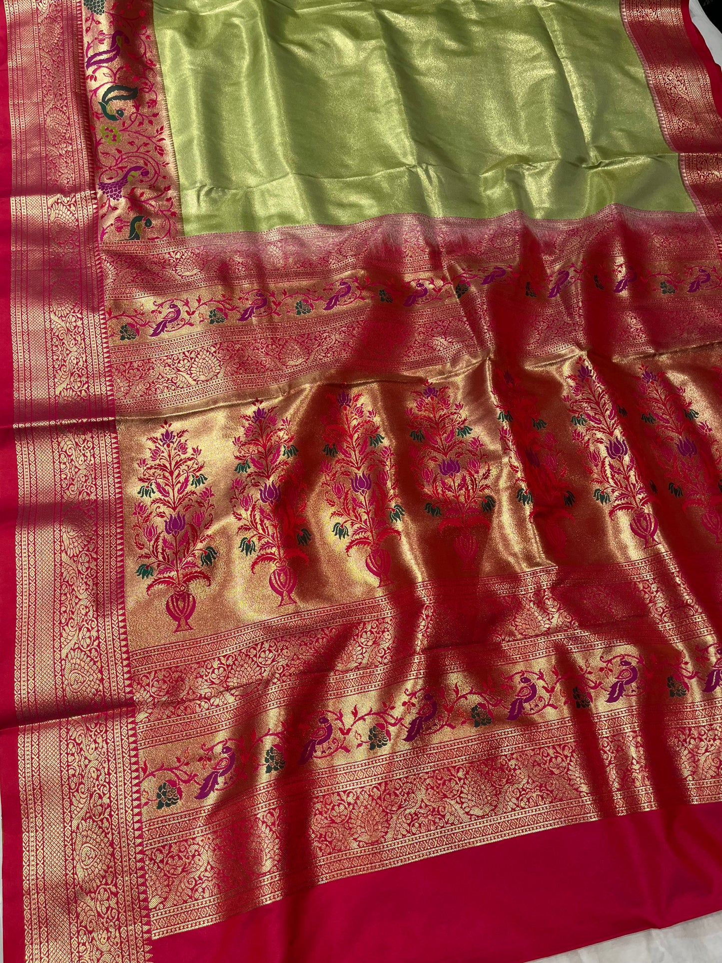 GREEN COLOUR SILK TISSUE PAITHANI SAREE EMBELLISHED WITH CONTRAST PALLA & BORDER