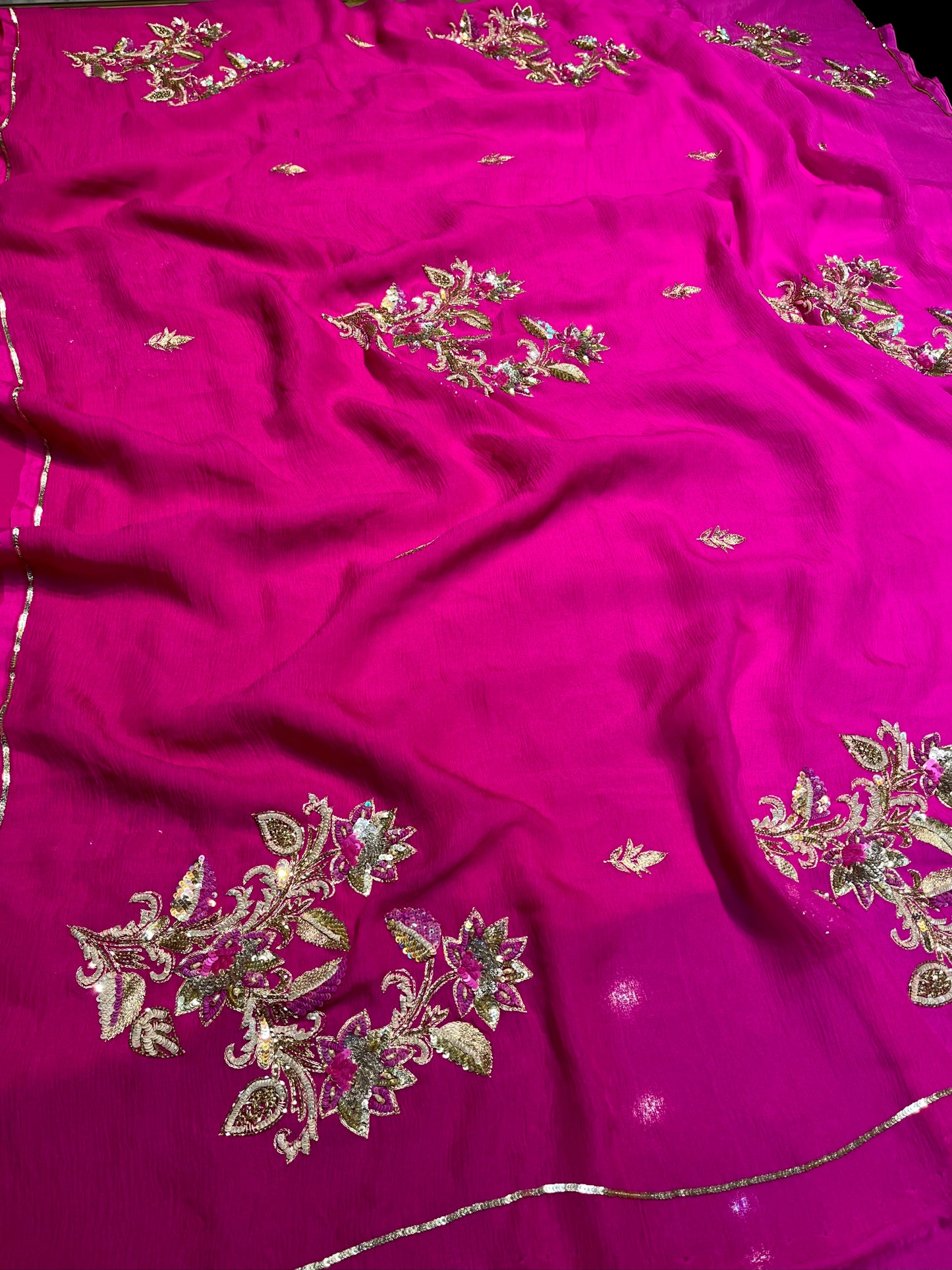FUCHSIA PINK SHADED CHIFFON HAND EMBROIDERED SAREE WITH CREPE SILK BLOUSE EMBELLISHED WITH AARI, SEQUINS & CUTDANA WORK