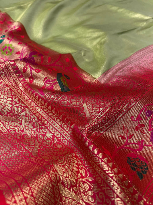 GREEN COLOUR SILK TISSUE PAITHANI SAREE EMBELLISHED WITH CONTRAST PALLA & BORDER