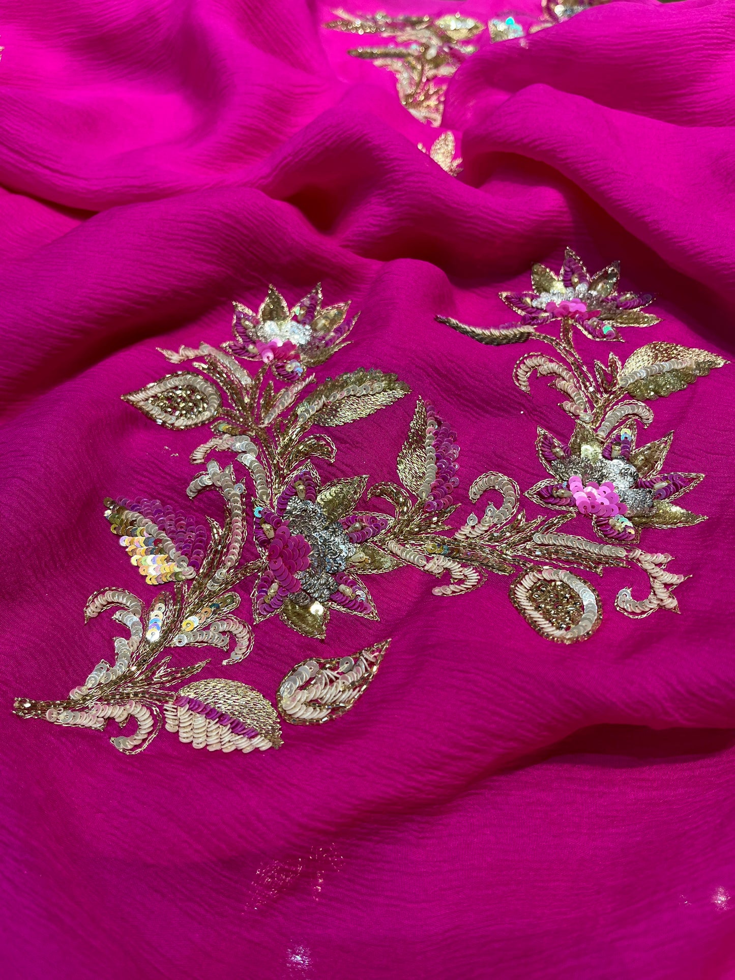 FUCHSIA PINK SHADED CHIFFON HAND EMBROIDERED SAREE WITH CREPE SILK BLOUSE EMBELLISHED WITH AARI, SEQUINS & CUTDANA WORK