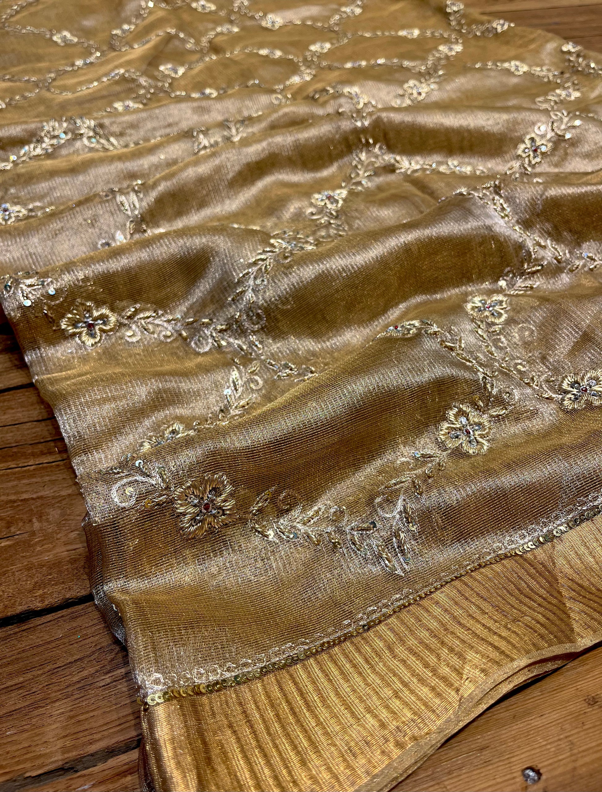 GOLDEN COLOUR MACLINO HAND EMBROIDERED SAREE EMBELLISHED WITH ZARDOZI & SEQUINS WORK ( DELIVERY IN 25-30 DAYS ) - Kothari Sons