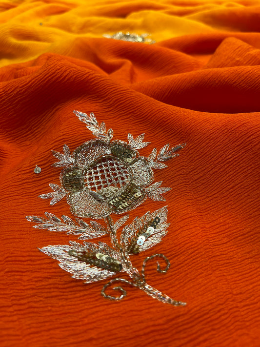 SHADED PURE CHIFFON HAND EMBROIDERED SAREE WITH CREPE SILK BLOUSE EMBELLISHED WOTH AARI & SEQUINS WORK - Kothari Sons