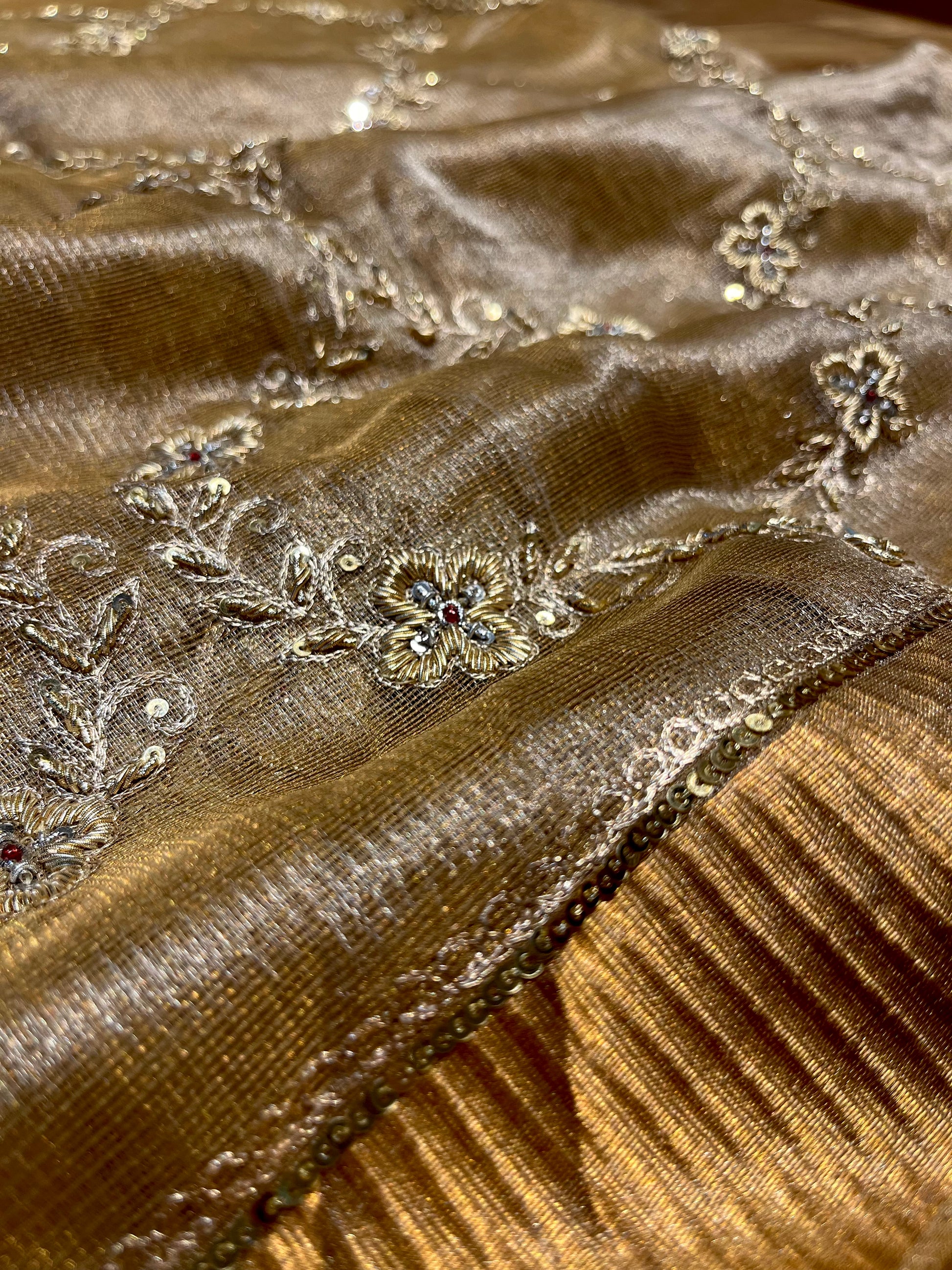 GOLDEN COLOUR MACLINO HAND EMBROIDERED SAREE EMBELLISHED WITH ZARDOZI & SEQUINS WORK ( DELIVERY IN 25-30 DAYS ) - Kothari Sons
