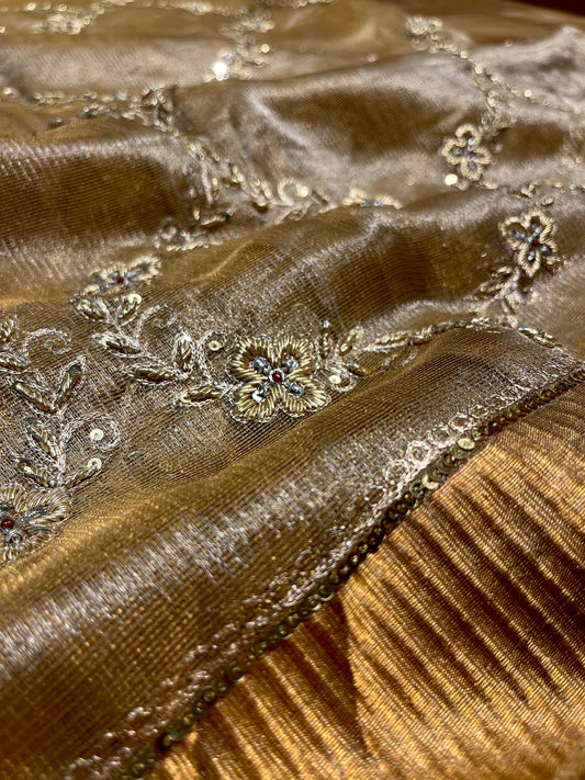 GOLDEN COLOUR MACLINO HAND EMBROIDERED SAREE EMBELLISHED WITH ZARDOZI & SEQUINS WORK ( DELIVERY IN 25-30 DAYS ) - Kothari Sons