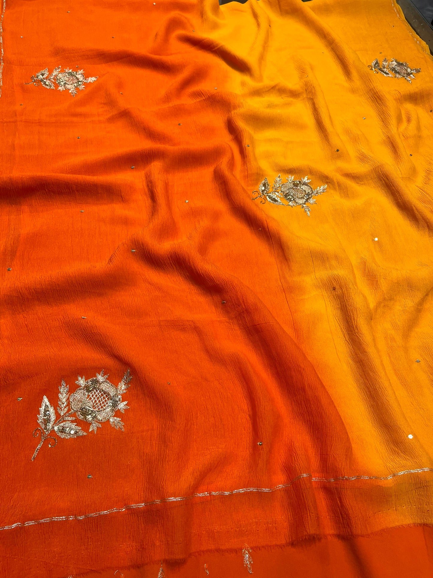 SHADED PURE CHIFFON HAND EMBROIDERED SAREE WITH CREPE SILK BLOUSE EMBELLISHED WOTH AARI & SEQUINS WORK