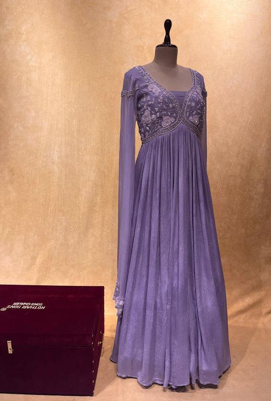 ( DELIVERY IN 25 DAYS ) LAVENDER COLOUR CREPE SILK GOWN EMBELLISHED WITH CUTDANA & SEQUINS WORK