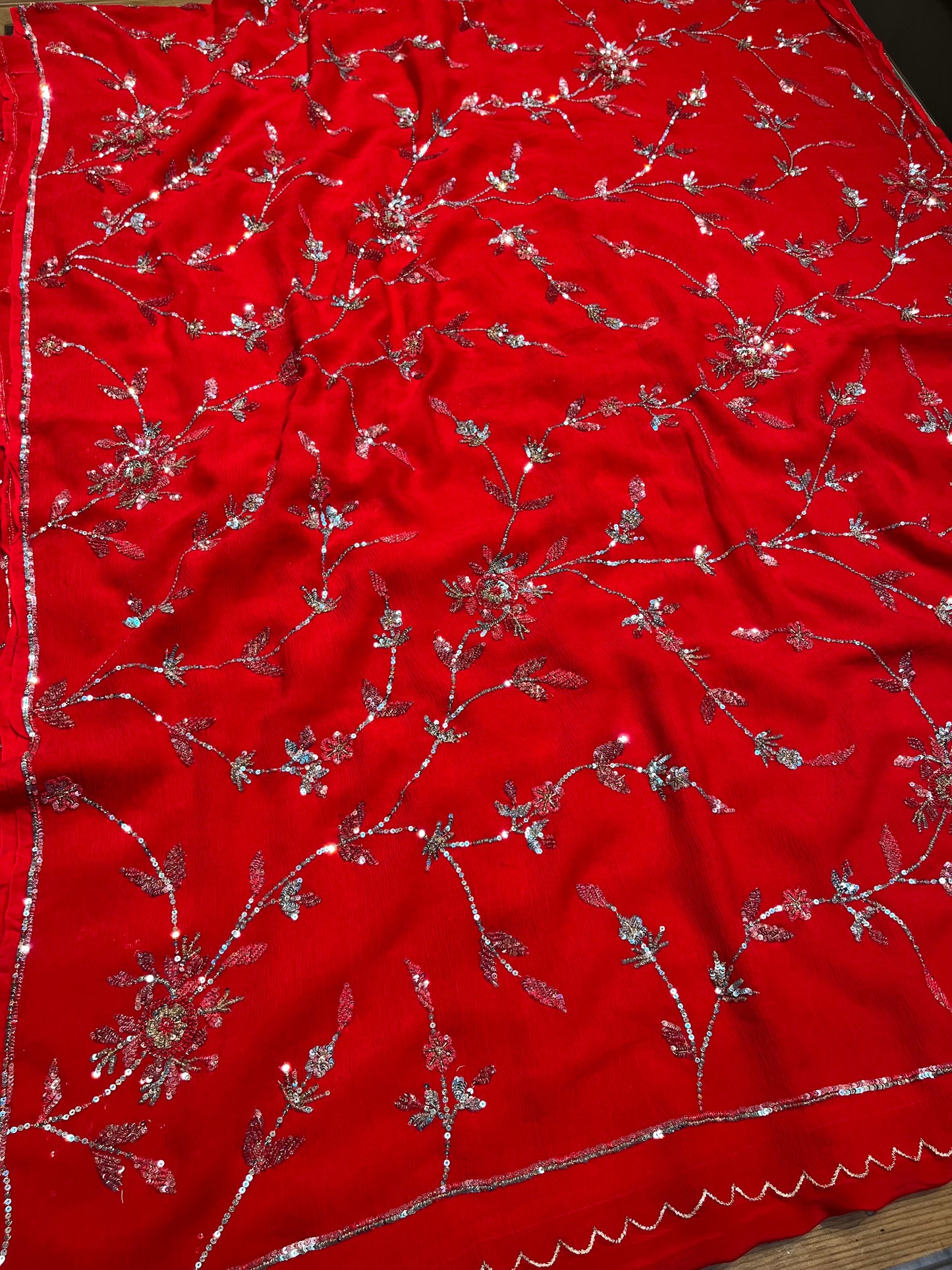 RED COLOUR PURE PLATINUM CHIFFON HAND EMBROIDERED SAREE WITH CREPE SILK BLOUSE EMBELLISHED WITH SEQUINS WORK