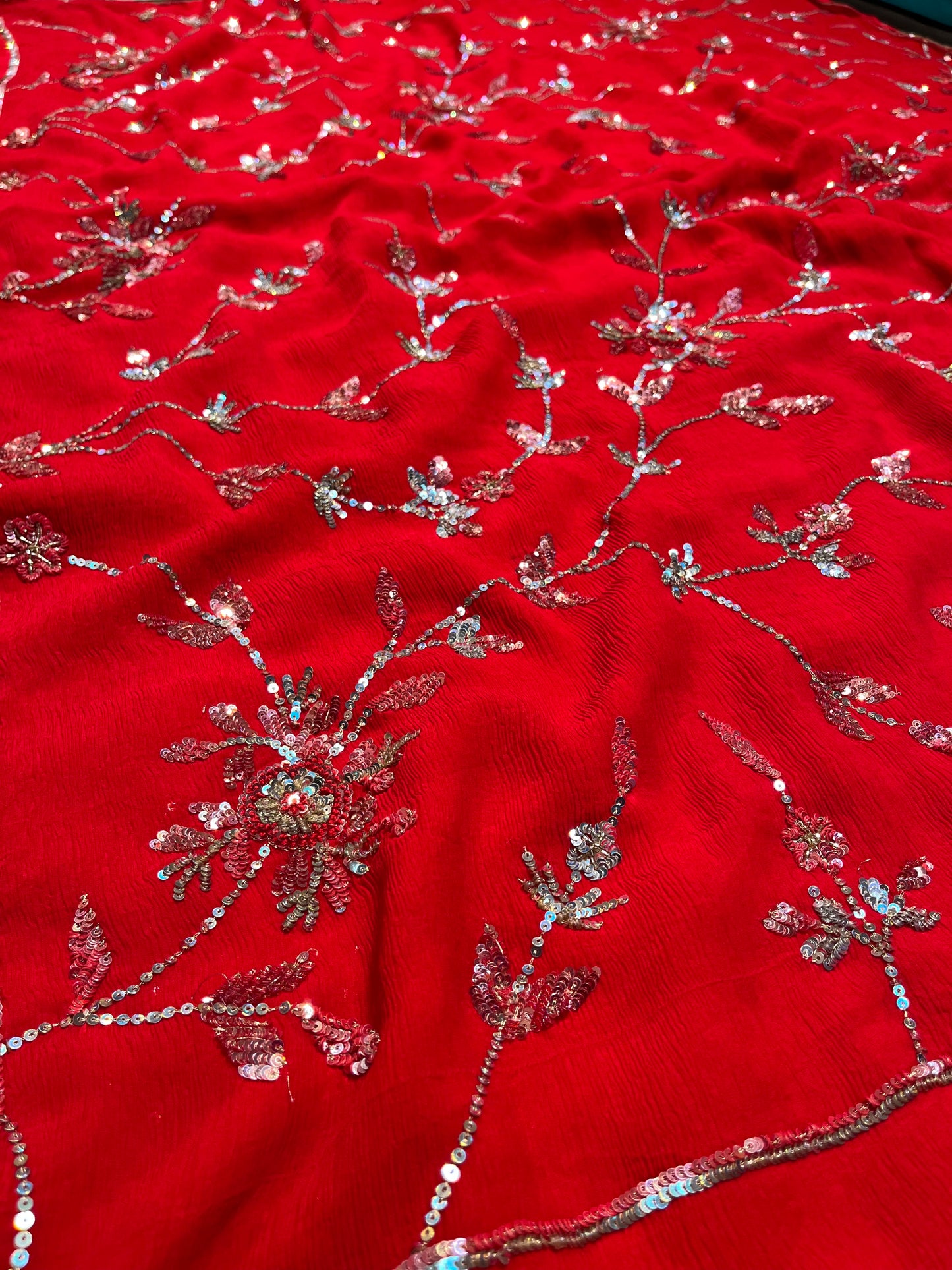 RED COLOUR PURE PLATINUM CHIFFON HAND EMBROIDERED SAREE WITH CREPE SILK BLOUSE EMBELLISHED WITH SEQUINS WORK