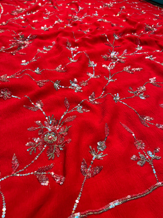 RED COLOUR PURE PLATINUM CHIFFON HAND EMBROIDERED SAREE WITH CREPE SILK BLOUSE EMBELLISHED WITH SEQUINS WORK - Kothari Sons
